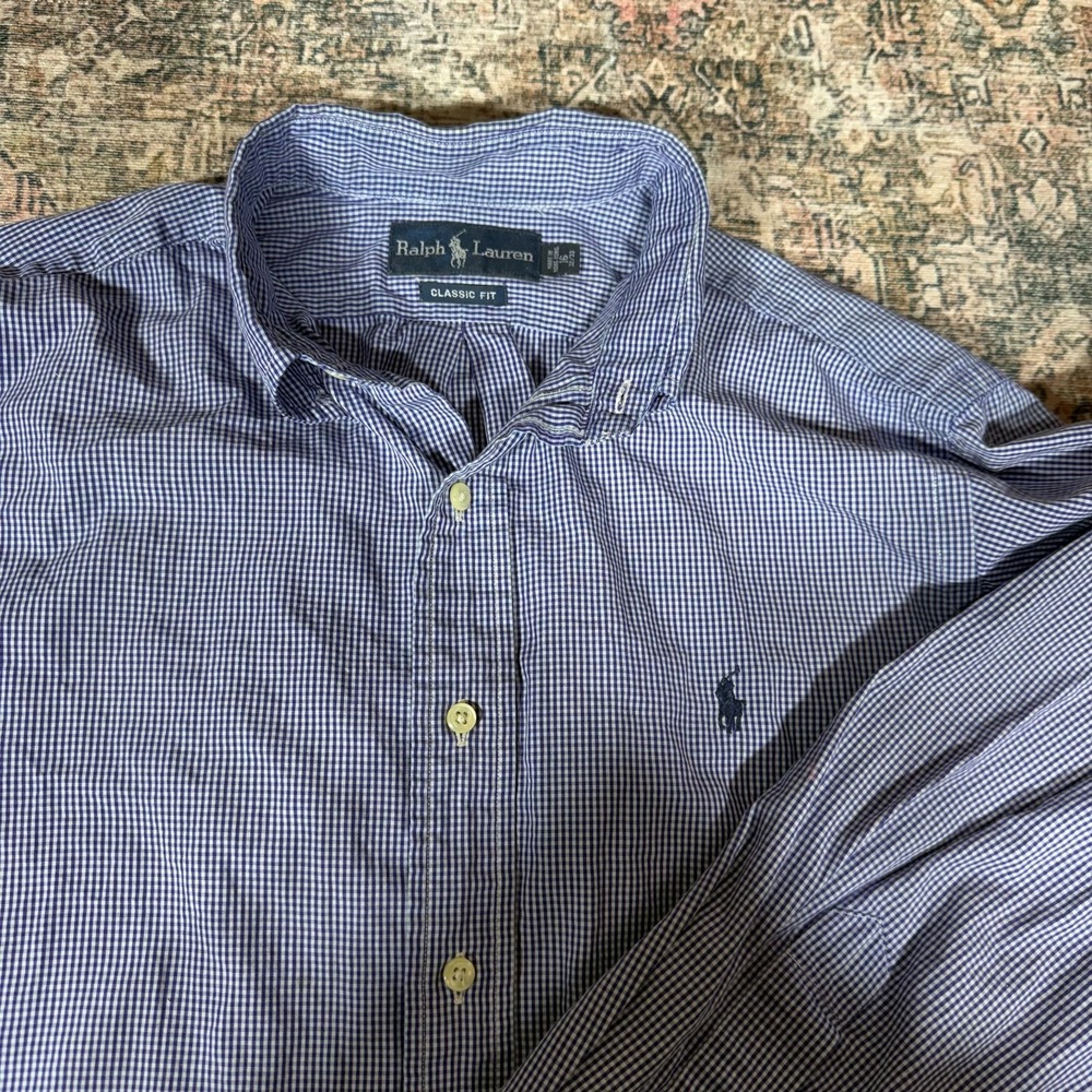 Ralph Lauren Dress Shirt Men's 16 Blue Gingham Button-Down Pony Classic Preppy